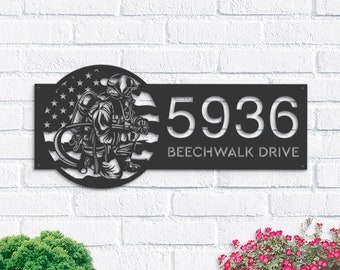 Personalized Firefighter Metal Address Sign, US Flag House Number Plaque