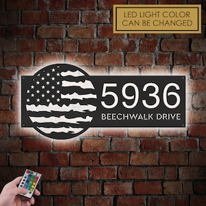 Personalized Distressed American Flag USA Patriotic Metal Address Sign With LED lights House number Hanging Address Plaque