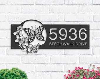 Personalized Butterfly flowers Metal Address Sign House number | Hanging Address Plaque | Yard Sign, Outdoor Sign | Garden Stake