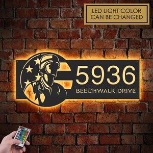 Personalized American Soldier US flag Metal Address Sign With LED lights House number Hanging Address Plaque