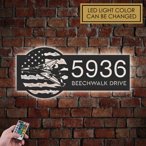 Personalized Fighter Jet US flag Metal Address Sign With LED lights House number Hanging Address Plaque