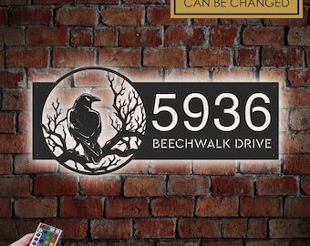 Personalized Black crow raven on a tree branch Metal Address Sign With LED lights House number Hanging Address Plaque