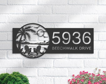 Personalized Metal Address Sign, Palm Tree Beach Sunset, Custom House Number
