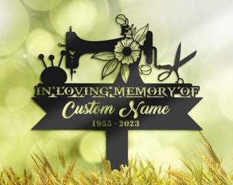Personalized Sewing Machine Memorial Stake, Engraved Metal Grave Marker