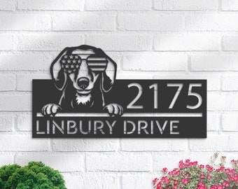 Personalized Dachshund Address Sign, US Flag Sunglasses, Metal House Number