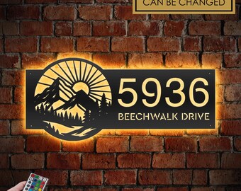 LED Metal Address Sign: Snowy Mountains, Rising Sun - Personalized House Number Plaque
