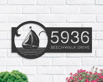 Personalized Sailboat Metal Address Sign Custom House number Hanging Address Plaque Yard Sign, Outdoor Garden Stake