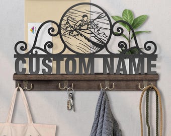 Personalized Kayaker Wooden Key & Mail Holder: Wall Organizer with 4 Double Hooks