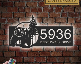 Personalized Metal Bear Address Sign with LED Lights