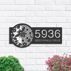 Personalized Beehive flowers honeycomb Metal Address Sign Custom House Number, Hanging Address Plaque Yard Sign, Outdoor Sign Garden Stake