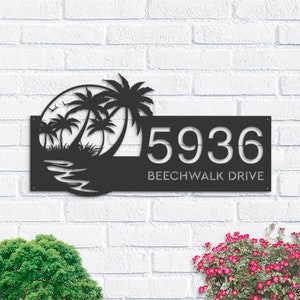 Personalized Beach Scene Summer Palm Tree Metal Address Sign House Number, Hanging Address Plaque Yard Sign, Outdoor Sign Garden Stake