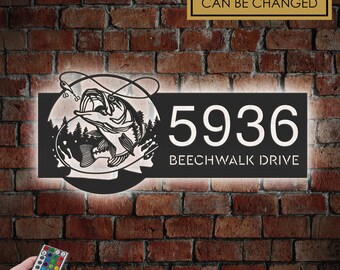 Personalized Bass fishing Metal Address Sign With LED lights House number Hanging Address Plaque