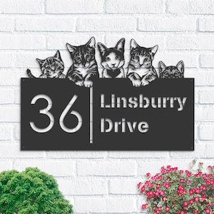 Personalized Cute peeking cats kittens Metal Address Sign House number Hanging Address Plaque Yard Sign Outdoor Sign Garden Stake