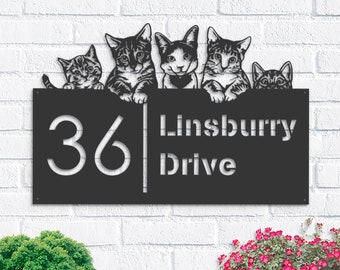 Personalized Cute peeking cats kittens Metal Address Sign House number Hanging Address Plaque Yard Sign Outdoor Sign Garden Stake