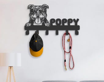 Personalized American Bully Dog Leash Holder, Metal Coat Rack, Porch Organizer