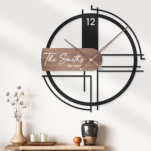 Custom Mid Century Modern Wooden Wall Clock Personalized Large Minimalist Boho Metal Wood Home Decor Living Room Rustic Decoration