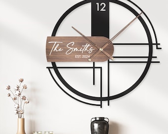 Custom Mid Century Modern Wooden Wall Clock Personalized Large Minimalist Boho Metal Wood Home Decor Living Room Rustic Decoration