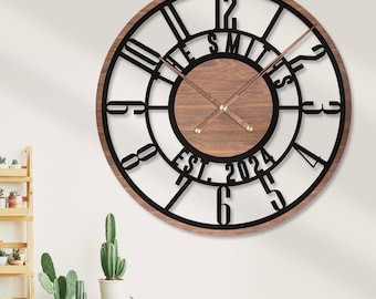 Custom Mid Century Modern Wooden   Wall Clock Latin Numeral Personalized Large Minimalist Rustic Black Metal Wood Home Decor Retro Gift