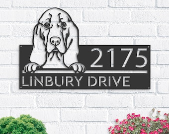 Personalized Basset hound dog, cute puppy Metal Address Sign House number Hanging Address Plaque Yard Sign Outdoor decor Garden Stake