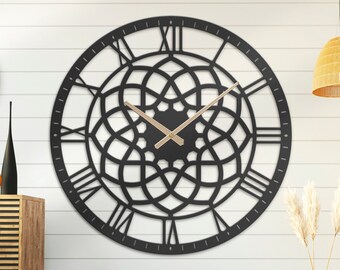 Black Large Roman Numbers Flower Metal Wall Clock LED lights, Modern Silent Wall Clock, Home Decor, Minimalist Wall Clocks Art