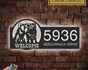 Personalized Bear Metal Address Sign with LED Lights