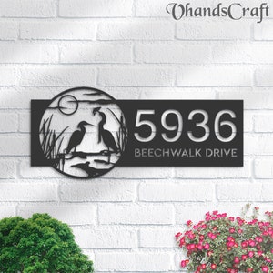 Personalized Heron Couple on Lake Metal Address Sign Custom House number Hanging Address Plaque Yard Sign, Outdoor Garden Stake