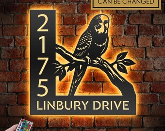 Personalized Parakeet LED Address Sign - Custom Metal House Number Plaque