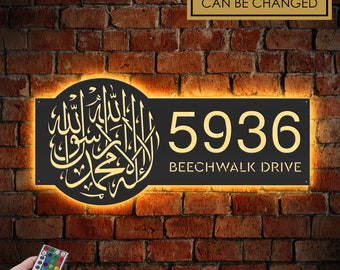 Personalized Islamic Symbol Metal Address Sign With LED lights House number Hanging Address Plaque