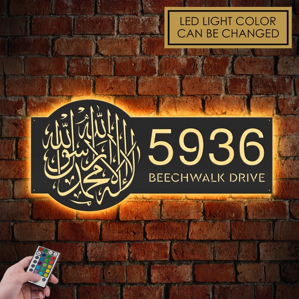 Personalized Islamic Symbol Metal Address Sign With LED lights House number Hanging Address Plaque