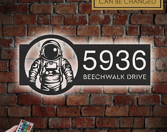 Personalized Astronaut Spaceman Metal Address Sign With LED lights House number Hanging Address Plaque