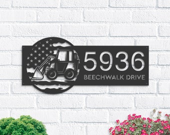 Personalized Excavator Metal Address Sign, US Flag, Custom House Number