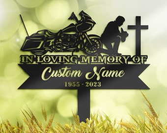 Gepersonaliseerde motorrijder knielt aan het kruis motorrijder Memorial Stake, Metal Stake, Sympathy Sign, Grave Marker, Remembrance Stake