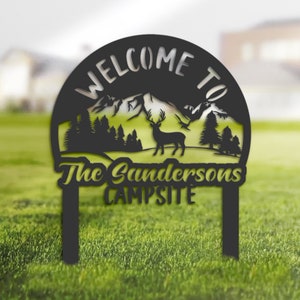 Personalized Welcome to our campsite deer and mountain custom name camper&#39;s sign, sign with stakes outdoor adventure travel family sign