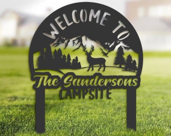 Personalized Metal Campsite Sign, Deer & Mountain, Outdoor Family Decor