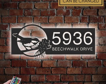 Personalized Metal Address Sign: Bird, Pinecone, LED Lights