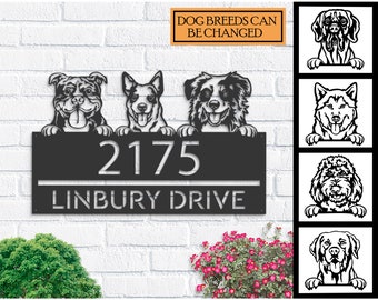 Personalized peeking dogs, puppy Metal Address Sign House number Hanging Address Plaque Yard Sign Outdoor decor Garden Stake