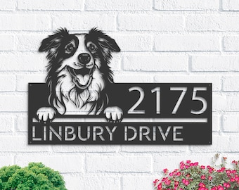 Personalized Australian Shepherd Metal Address Sign, House Number Plaque