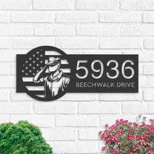Personalized US Army Salute American Soldier US flag Metal Address Sign House number Hanging Address Plaque Yard Sign Outdoor Garden Stake