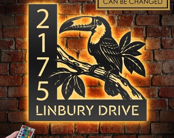 Personalized Toucan LED Address Sign - Custom Metal House Number Plaque
