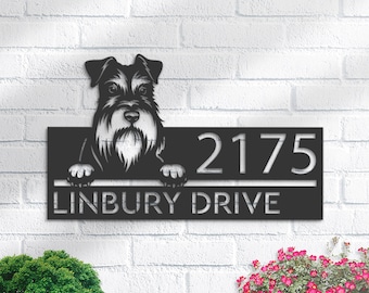 Personalized Miniature Schnauzer dog, Puppy Metal Address Sign House number Hanging Address Plaque Yard Sign Outdoor decor Garden Stake