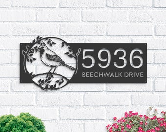 Personalized Bird on Branch Metal Address Sign, Custom House Number Plaque