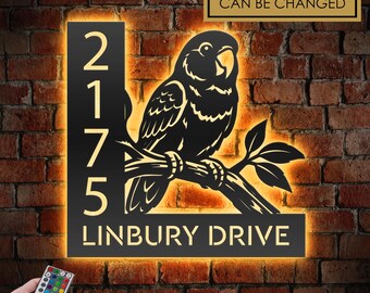 Personalized Lovebird LED Address Sign - Custom Metal House Number Plaque