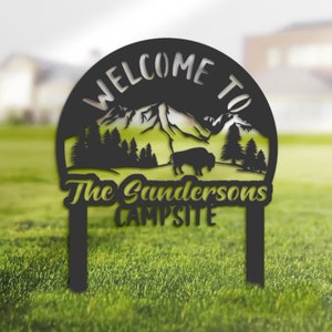 Personalized Welcome to our campsite Bison and mountain custom name camper&#39;s sign, sign with stakes outdoor adventure travel family sign