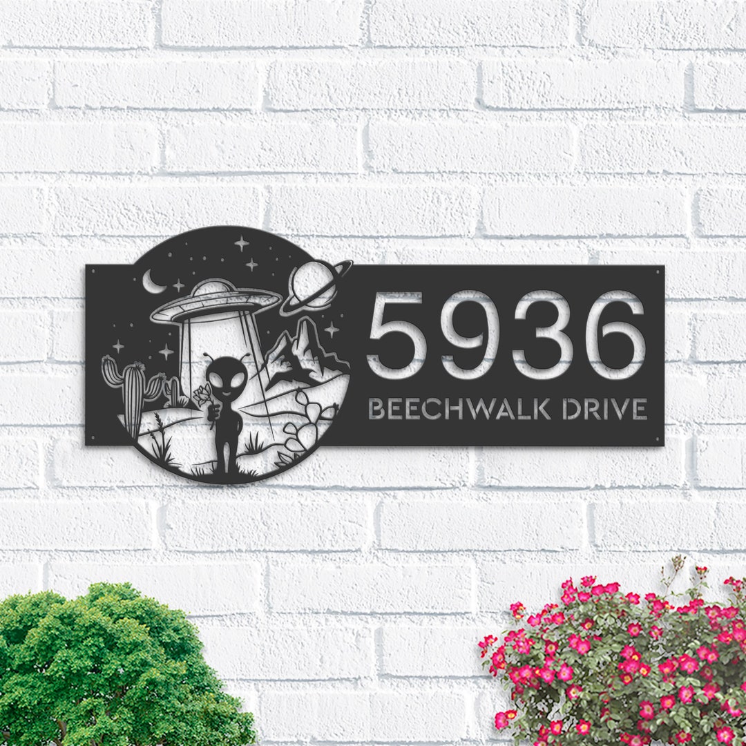 Personalized Alien Metal Address Sign, UFO Desert Scene, House Number ...