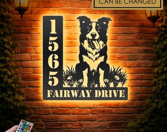 Personalized Border  Collie Dog Address Sign – Custom Metal Plaque with LED Lights