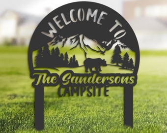 Personalized Campsite Sign, Bear and Mountain Metal Decor