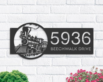 Personalized Train Metal Address Sign | Hanging or Stake Mounted