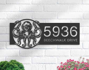 Personalized Octopus Diving Helmet Metal Address Sign - House Number Plaque