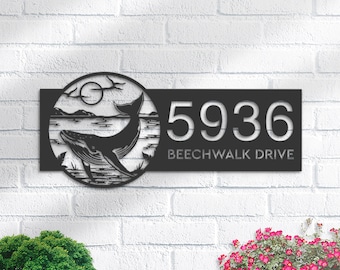 Personalized Metal Address Sign, Blue Whale Nautical Decor, House Number Plaque