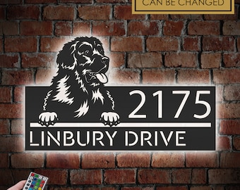 Personalized Newfoundland Dog Metal Address Sign with LED Lights